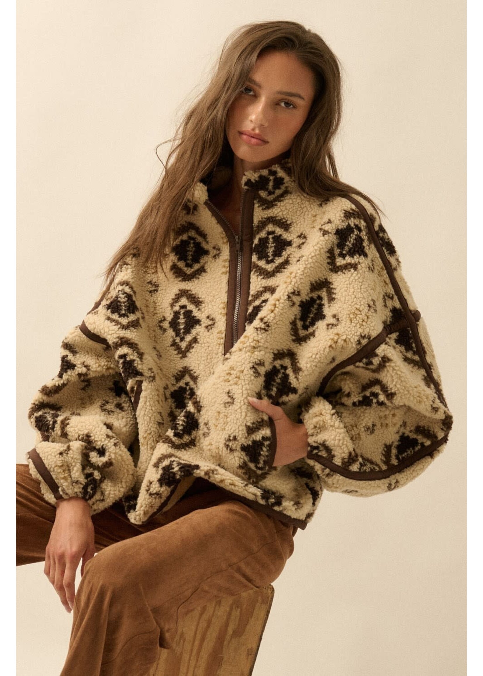 EM & ELLE Geo-print Sherpa Fleece Half-zip Pullover Jacket