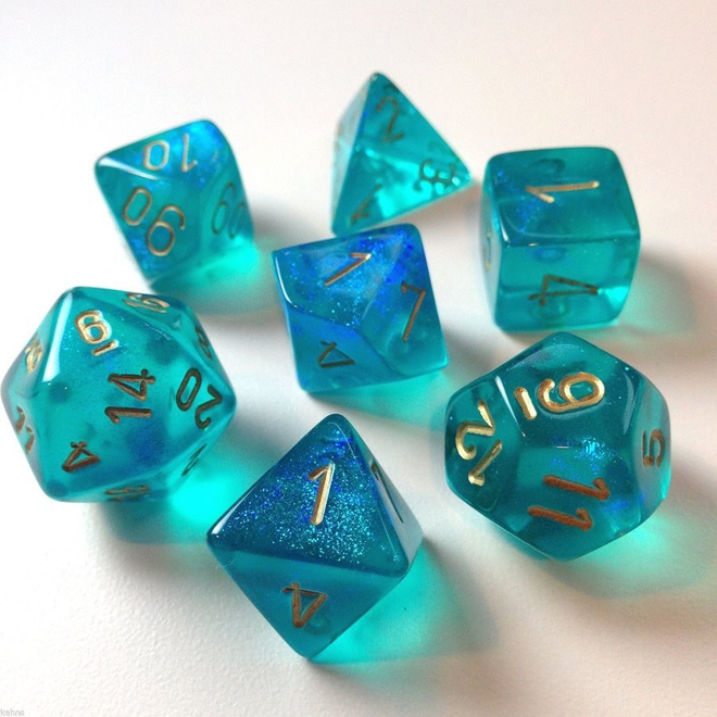 Chessex 7pc Polyhedral Dice Set - Borealis: Teal w/ Gold - Luminary: Glow in the Dark!