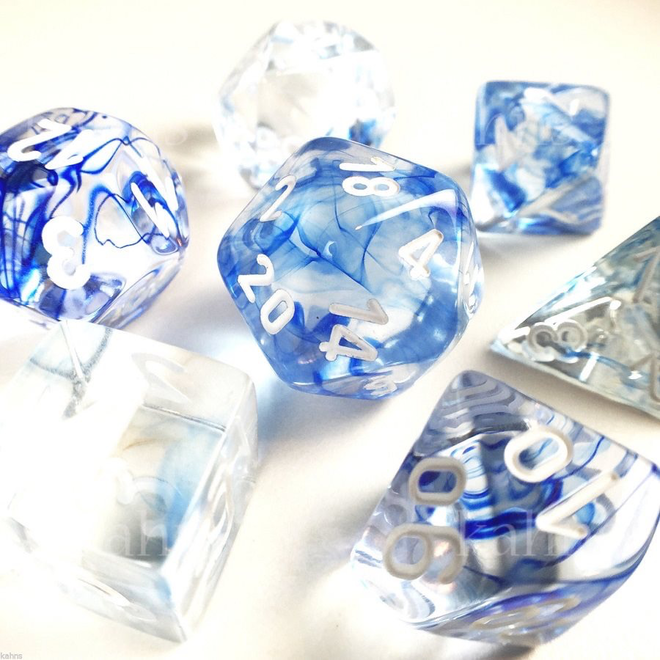 CHESSEX - 7 DIE SET - NEBULA - DARK BLUE/WHITE WRITING