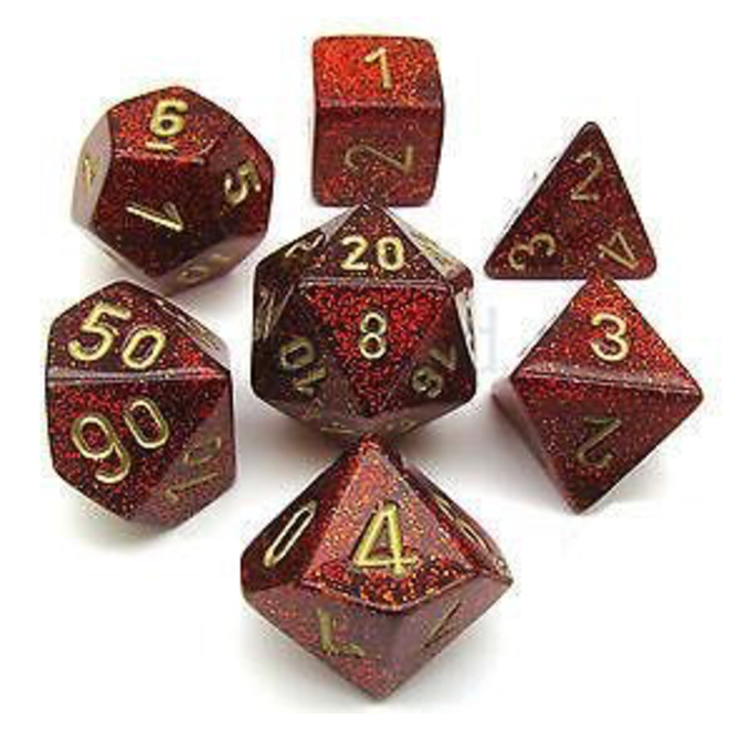 CHESSEX - 7 DIE SET - GLITTER - RUBY RED/GOLD WRITING