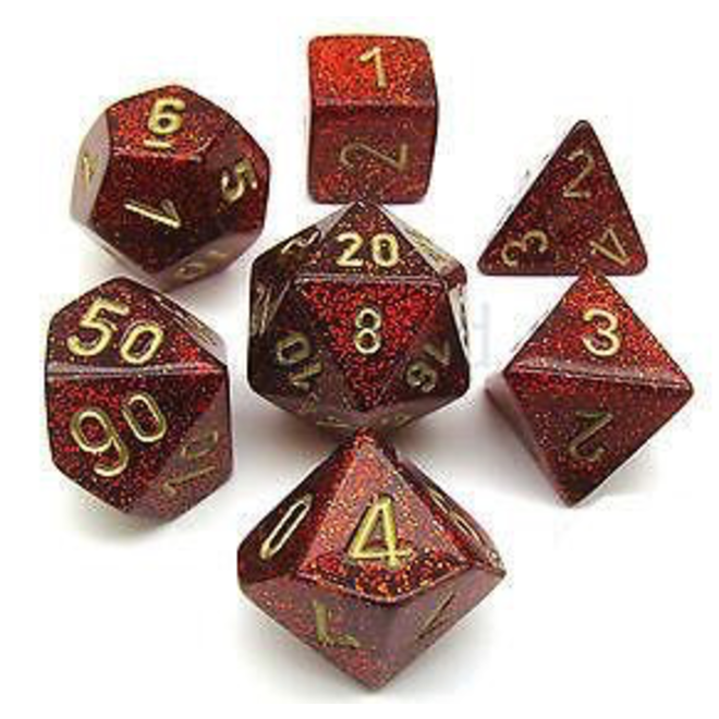 Chessex 7 Die Set - Glitter: Ruby Red w/ Gold Writing