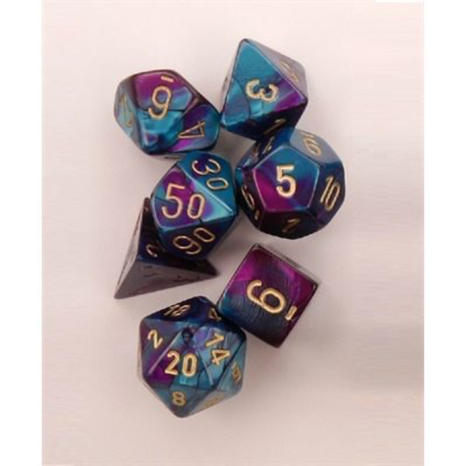 Chessex - 7 Die Set - Gemini - Purple-Teal/Gold Writing