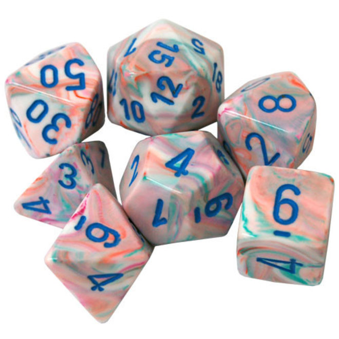 Chessex 7 Die Set - Festive: Pop Art w/ Blue Writing - Blacklight Reactive