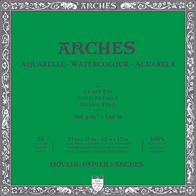 Archesâ® Watercolour Cold Pressed 12" X 12" - 140Lb / 300Gsm Natural White 20 Sheet Block