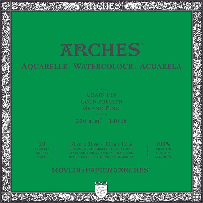 ARCHES® Watercolour Cold Pressed 12" x 12" - 140lb / 300gsm Natural White 20 Sheet Block