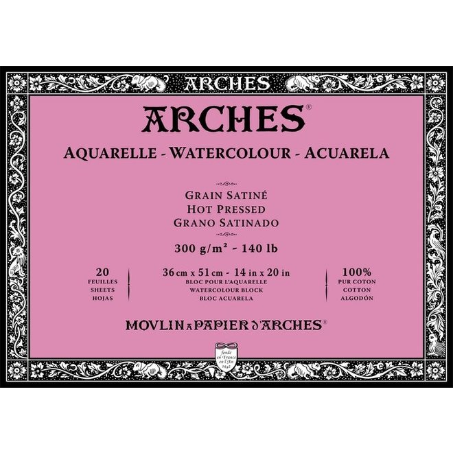 Archesâ® Watercolour Hot Pressed 14" X 20" - 140Lb / 300Gsm Natural White 20 Sheet Block