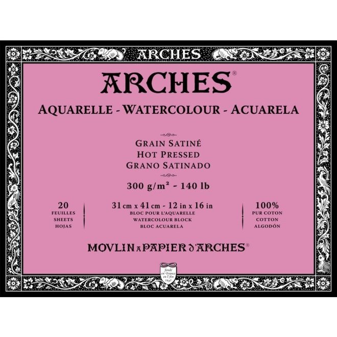 ARCHES® Watercolour Hot Pressed 12" x 16" - 140lb / 300gsm Natural White 20 Sheet Block