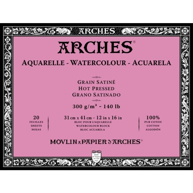 Archesâ® Watercolour Hot Pressed 12" X 16" - 140Lb / 300Gsm Natural White 20 Sheet Block