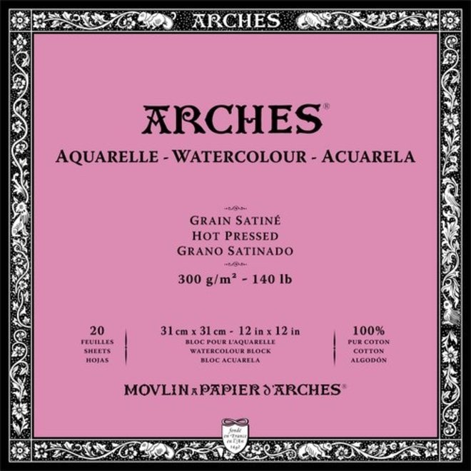 ARCHES® Watercolour Hot Pressed 12" x 12" - 140lb / 300gsm Natural White 20 Sheet Block