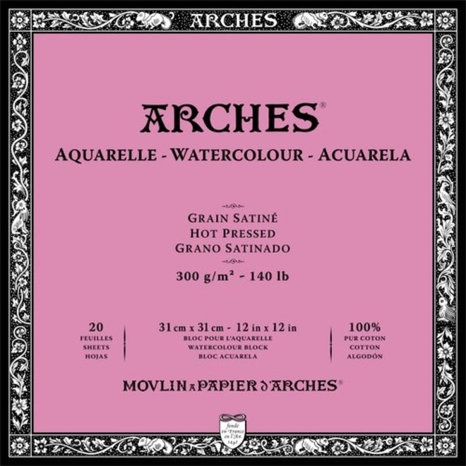Archesâ® Watercolour Hot Pressed 12" X 12" - 140Lb / 300Gsm Natural White 20 Sheet Block