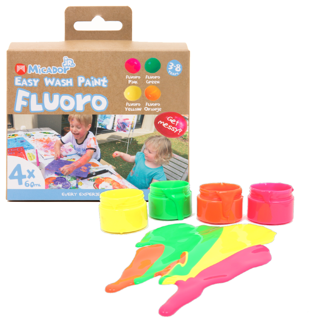 Micador Junior  Easy Wash Paint Sets, 4-Color Fluorescent Set - 60Ml Jars