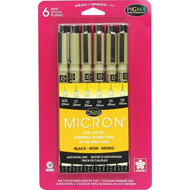 Micron Pen Assorted Size Set of 6 Black
