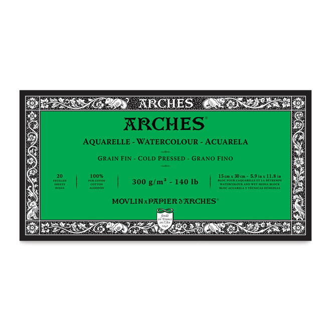 Archesâ®Watercolour Cold Pressed 5.9" X 11.8" - 140Lb / 300Gsm Natural White 20 Sheet Block