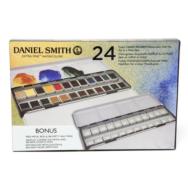Daniel Smith Watercolor Half Pan Sets, 24-Color Half Pan Set In Metal Box With Bonus Metal Box & 24 Empty Half Pans