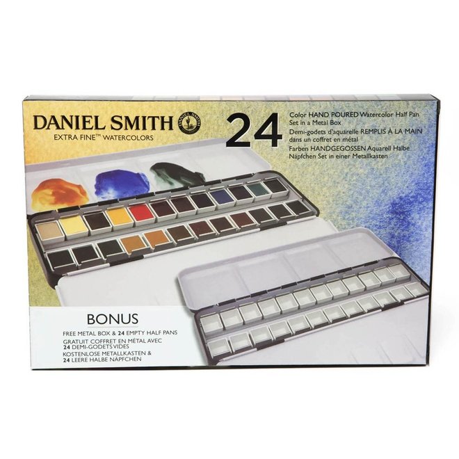 Daniel Smith Watercolor Half Pan Sets, 24-Color Half Pan Set in Metal Box with BONUS Metal Box & 24 Empty Half Pans