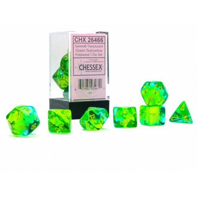 CHESSEX - 7 DIE SET - GEMINI - TRANSLUCENT GREEN-TEAL/YELLOW WRITING