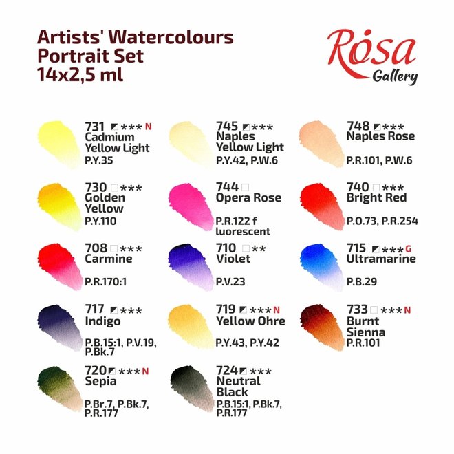 Set of watercolor paints "Portrait" ROSA Gallery, metal case, 14 colors, pans