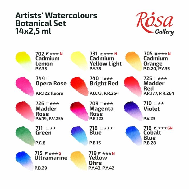 Set of watercolor paints "Botanycal" ROSA Gallery, metal case, 14 colors, pans