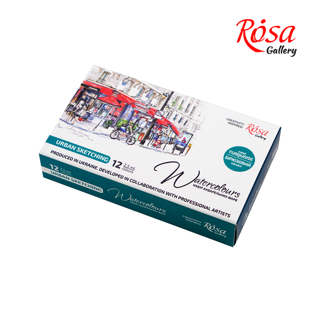 Rosa Gallery Urban Sketching 12 Color Full Pan Set - Turquoise Metal Case