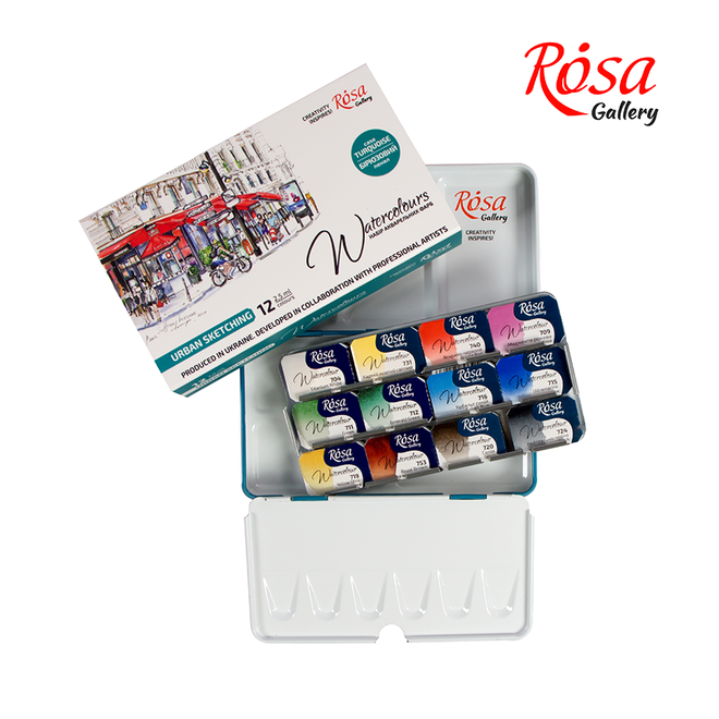 Rosa Gallery Urban Sketching 12 Color Full Pan Set - Turquoise Metal Case
