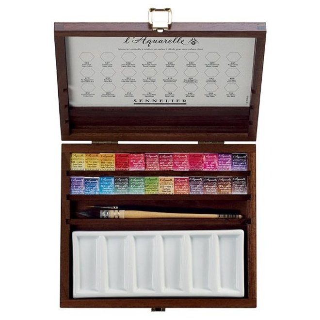 Sennelier l'Aquarelle Extra-Fine  Artist's Watercolour Set 24 Colour Half-Pan Walnut Set