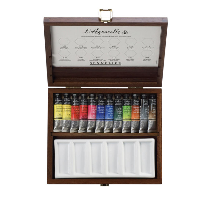 Sennelier French Artists' Watercolour Set 12 Colour 10ml Tube Wood Set