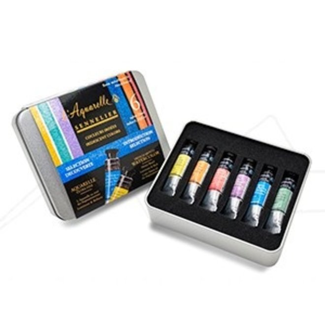 Sennelier French Artists' Iridescent Watercolor Sets, 6-Color Introduction Iridescent Tin Set - 10ml Tubes