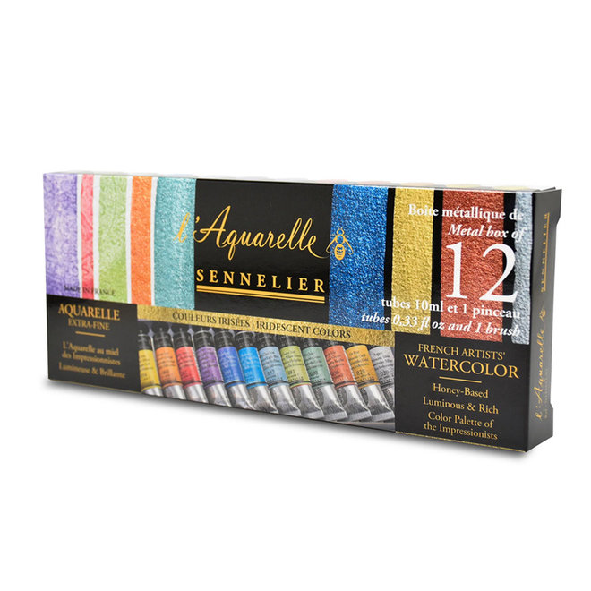 Sennelier French Artists' Iridescent Watercolor Sets, 12-Color Iridescent Tin Set - 10ml Tubes