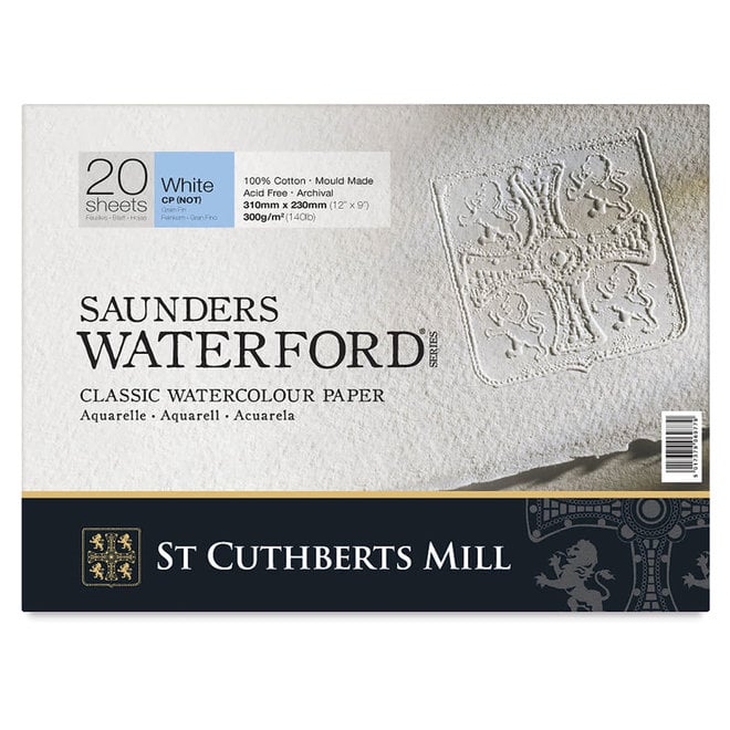 Saunders Waterford Cold Press Block White 300G / 140lb 12x9" 20 Sheets of Cotton Watercolour Paper