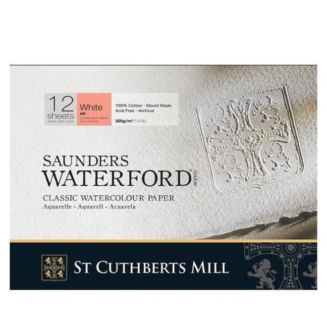 Saunders Waterford Hot Press Block White 300G / 140lb 12x9" 20 Sheets of Cotton Watercolour Paper
