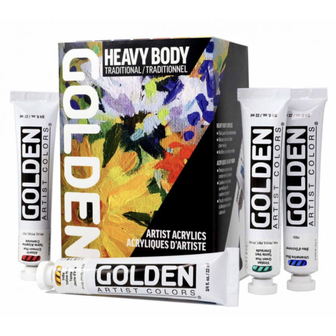 Golden Heavy Body Traditional Set Includes seven colors in 3/4 fl. oz / 22ml tubes, one 2 fl. oz. / 59ml tube of Titanium White and one 2 fl. oz. / 59ml bottle of Gloss Glazing Liquid