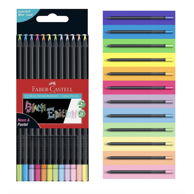 Faber Castell Black Edition Color Pencil Neon & Pastel Carded Tin/12