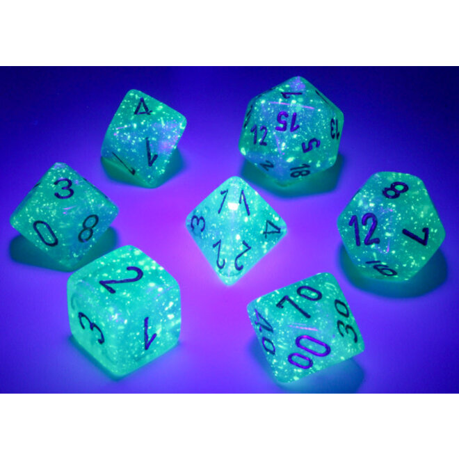 Chessex 7pc Polyhedral Dice Set - Borealis: Light Green w/ Gold Writing - Luminary: Glow In the Dark