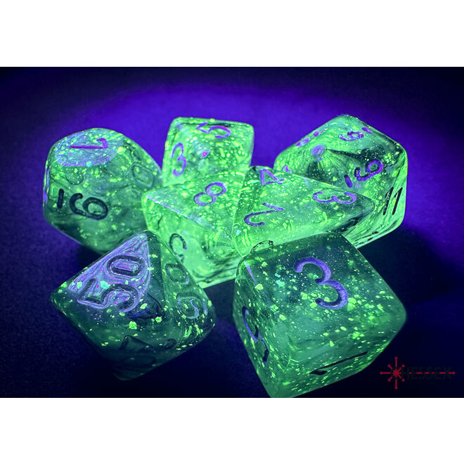 Chessex 7pc Polyhedral Dice Set - Borealis: Light Smoke w/ Silver Writing - Luminary: Glow In the Dark