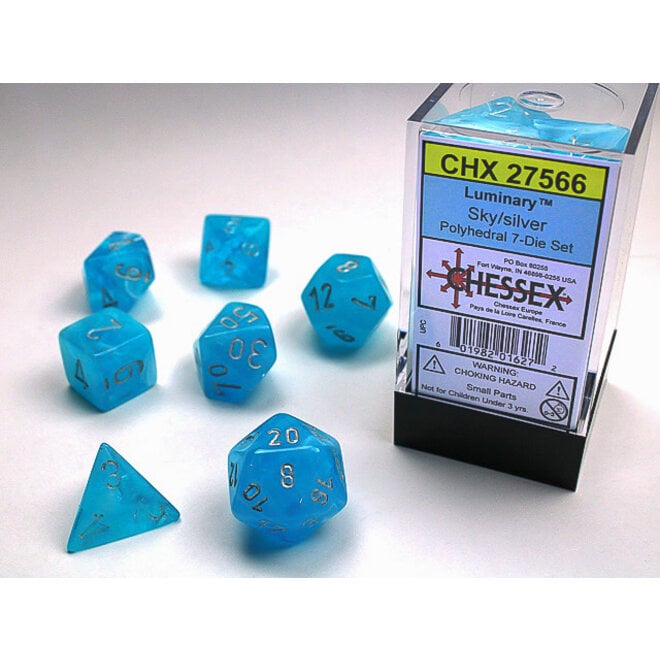 Chessex 7pc Polyhedral Dice Set - Luminary: Sky w/ Silver - Glow in the Dark!