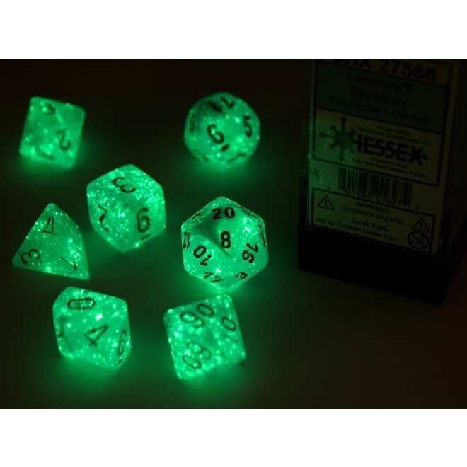 Chessex 7pc Polyhedral Dice Set - Luminary: Sky w/ Silver - Glow in the Dark!