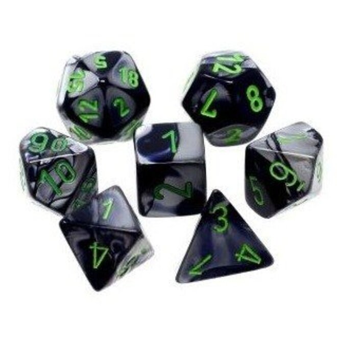 Chessex 7pc Polyhedral Dice Set - Gemini: Black & Grey w/ Green Writing