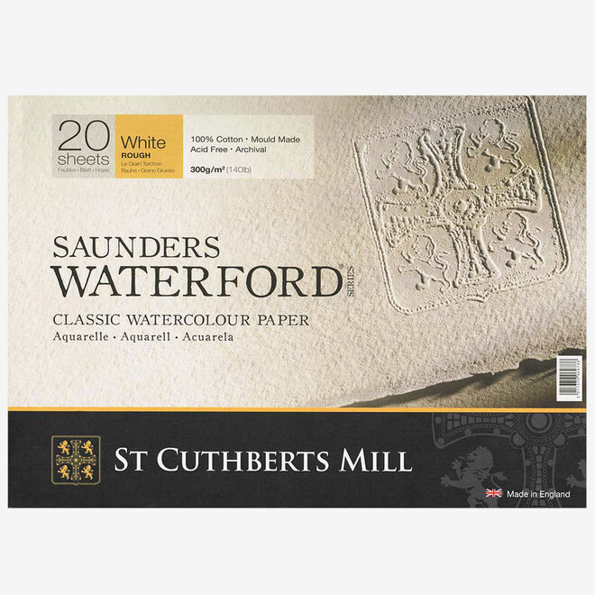 Saunders Waterford Rough Block White 300G / 140lb 20x14" 20 Sheets of Cotton Watercolour Paper
