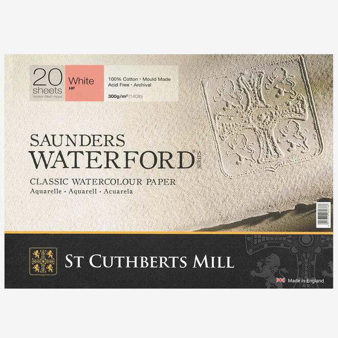 Saunders Waterford Hot Press Block White 300G / 140lb 20x14" 20 Sheets of Cotton Watercolour Paper