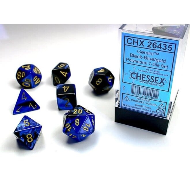 CHESSEX - 7 DIE SET - GEMINI - BLACK-BLUE/GOLD WRITING