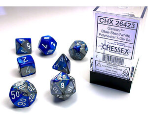 Chessex - 7 Die Set - Gemini - Blue Steel/White Writing