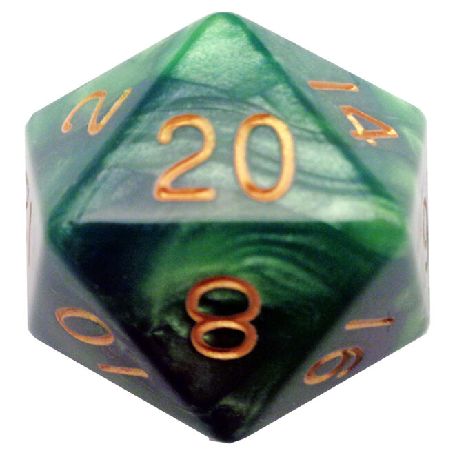 35mm Mega Acrylic D20 - Green & Light Green w/ Gold Writing