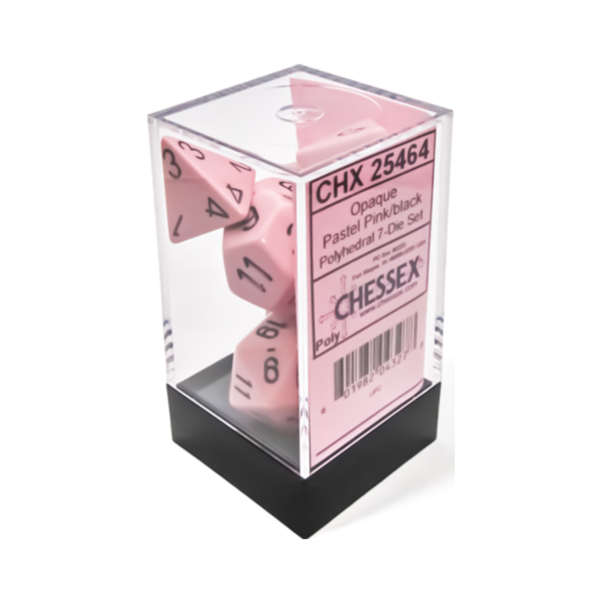 Chessex - 7 Die Set - Opaque Pastel - Pink/Black Writing