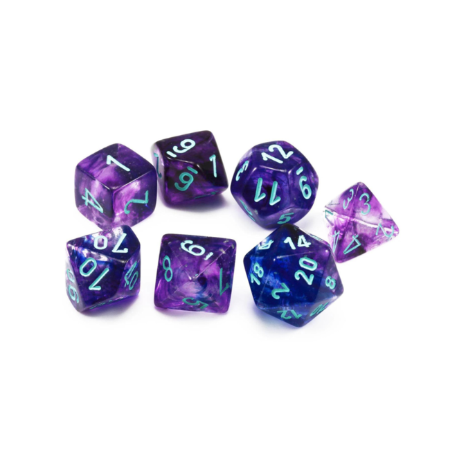 Chessex - 7 Die Set - Nebula - Nocturnal/Blue Writing - Glow