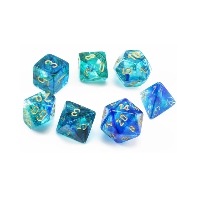 Chessex 7pc Polyhedral Dice Set - Nebula: Oceanic w/ Gold - Luminary: Glow in the Dark!