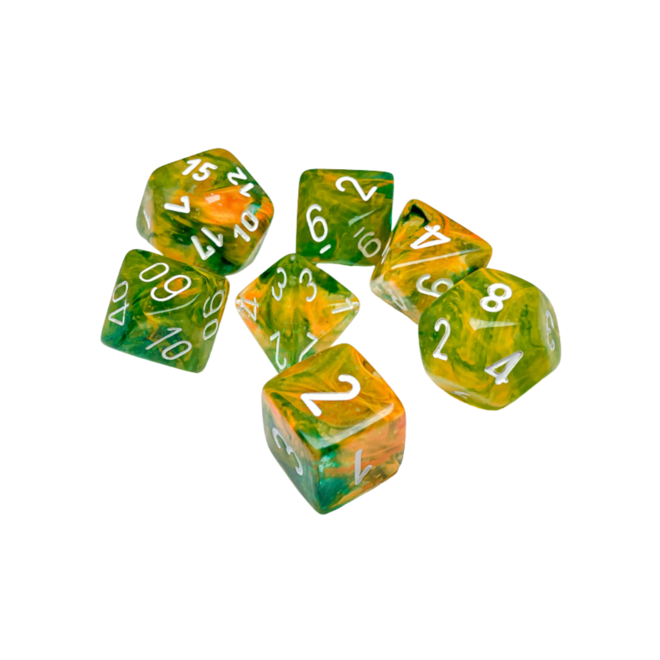 Chessex 7pc Polyhedral Dice Set - Nebula: Spring w/ White - Luminary: Glow in the Dark!