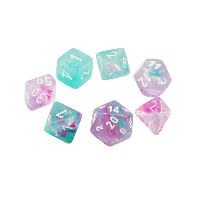 Chessex 7pc Polyhedral Dice Set - Nebula: Wisteria w/ White - Luminary: Glow in the Dark!