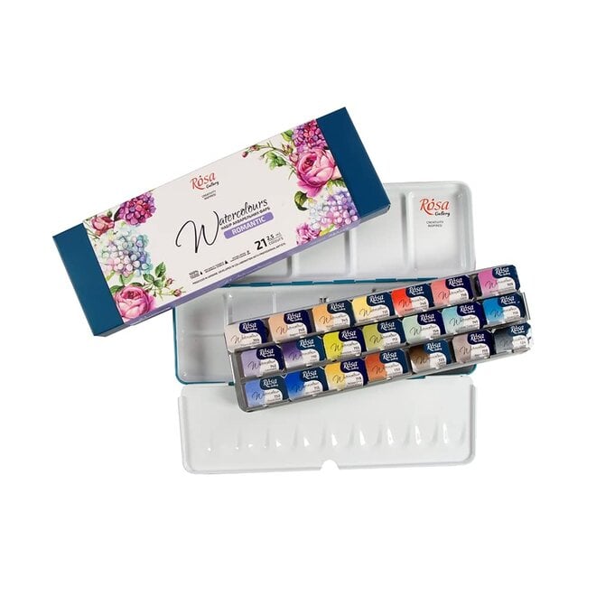 Set Of Watercolor Paints "Romantic" Rosa Gallery, Metal Case, Turquoise, 21 Colors, Full Pan