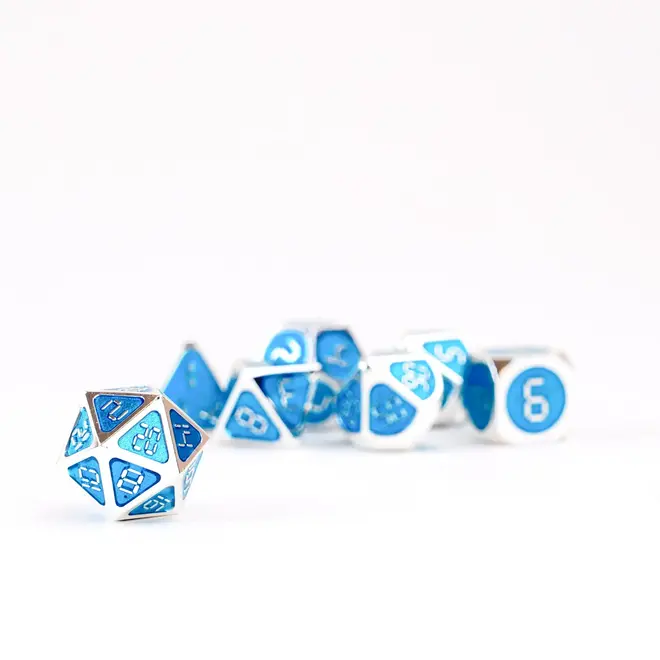 Metal Polyhedral Dice Set - 7pc Silver w/ Teal Enamel