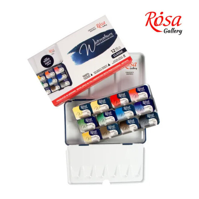Set Of Watercolor Paints "Classic" Rosa Gallery, Metal Case, Indigo, 12 Colors, Full Pan
